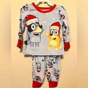 Bluey Cartoon Character Kids Christmas Pajama Set - Light Blue and Red  2T NWOT